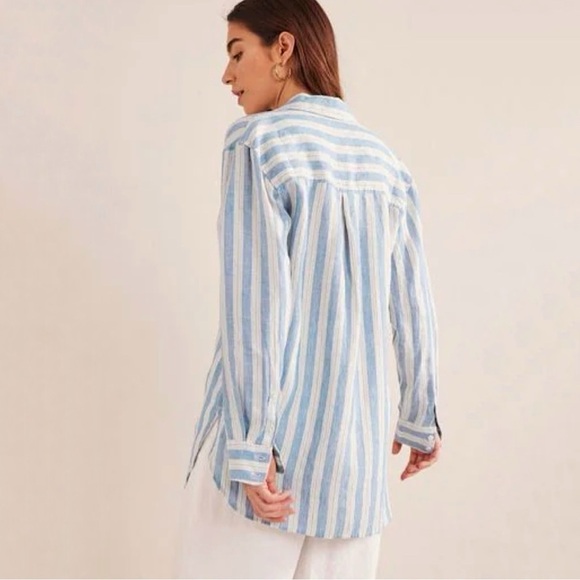 Boden Relaxed Linen Button Down Shirt Porcelain Blue Sparkle Stripe 14R - Picture 4 of 16